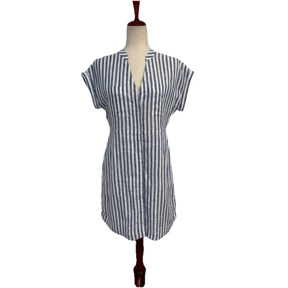 Boden Evie Blue White Striped Linen Short Sleeve Shirt Dress Pockets 6 P No Belt - Picture 4 of 11